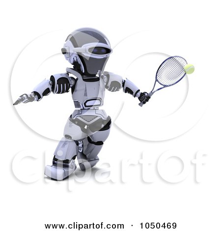 Royalty-Free (RF) Clip Art Illustration of a 3d Robot Playing Tennis - 2 by KJ Pargeter