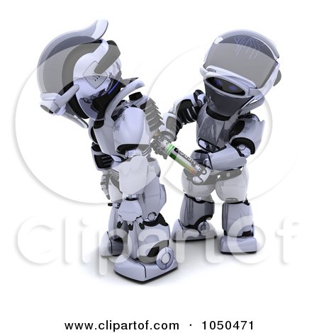 Royalty-Free (RF) Clip Art Illustration of a 3d Robot Inserting A New Battery In Another Robot by KJ Pargeter