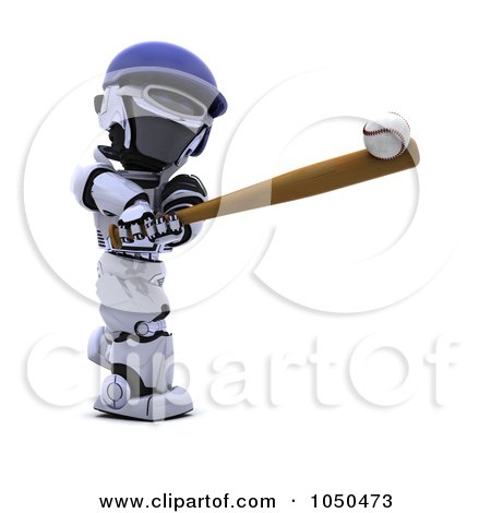 Royalty-Free (RF) Clip Art Illustration of a 3d Robot Swinging A Baseball Bat by KJ Pargeter