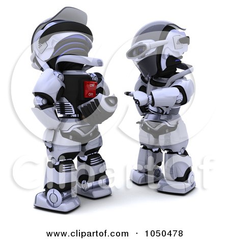 Royalty-Free (RF) Clip Art Illustration of a 3d Robot Turning Another Robot Off by KJ Pargeter