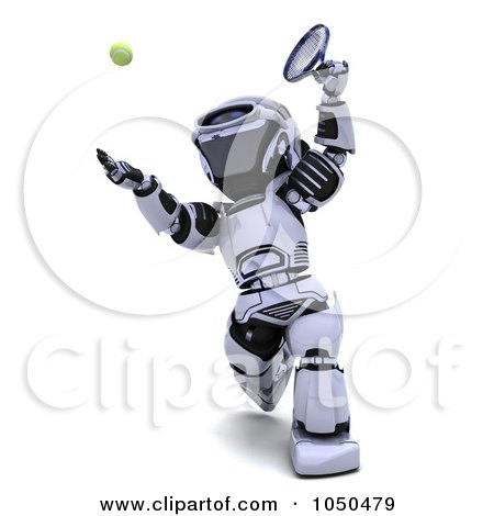Royalty-Free (RF) Clip Art Illustration of a 3d Robot Playing Tennis - 1 by KJ Pargeter