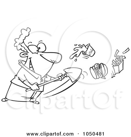 Royalty-Free (RF) Clip Art Illustration of a Line Art Design Of A Man Shoveling Junk Food Out by toonaday