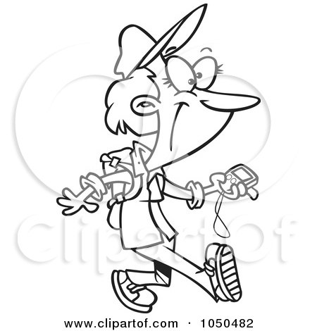 Royalty-Free (RF) Clip Art Illustration of a Line Art Design Of A Geocaching Lady Holding A Gps Device by toonaday