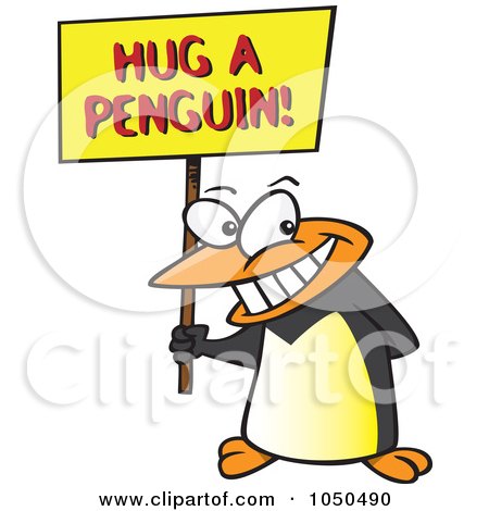 Royalty-Free (RF) Clip Art Illustration of a Penguin Holding A Hug A Penguin Awareness Sign by toonaday