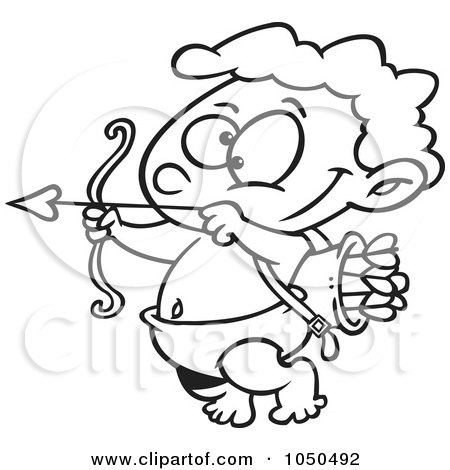 Royalty-Free (RF) Clip Art Illustration of a Line Art Design Of A Little Cupid Practicing With Arrows by toonaday