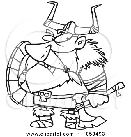 Royalty-Free (RF) Clip Art Illustration of a Line Art Design Of A Grumpy Viking Holding An Axe And Shield by toonaday