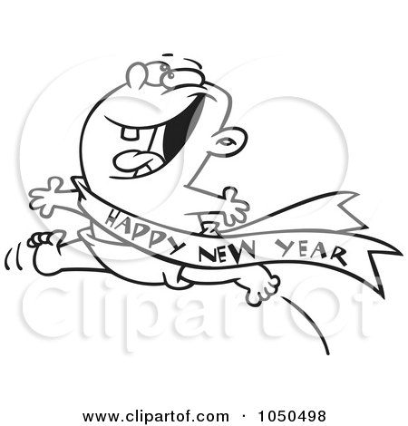 Royalty-Free (RF) Clip Art Illustration of a Line Art Design Of An Excited Baby Running With A Happy New Year Sash by toonaday