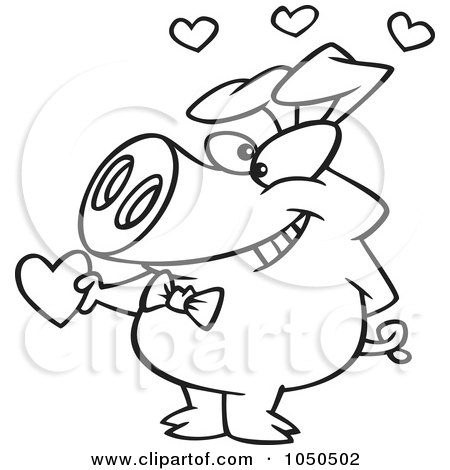 Royalty-Free (RF) Clip Art Illustration of a Line Art Design Of A Valentine Pig Giving A Heart by toonaday