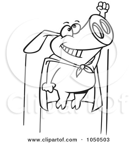Royalty-Free (RF) Clip Art Illustration of a Line Art Design Of A Flying Super Pig by toonaday