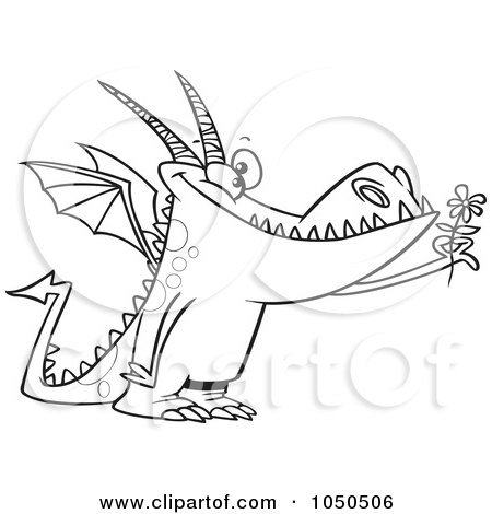 Royalty-Free (RF) Clip Art Illustration of a Line Art Design Of A Dragon Holding A Flower by toonaday