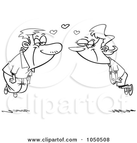 Royalty-Free (RF) Clip Art Illustration of a Line Art Design Of A Couple Floating With Hearts by toonaday