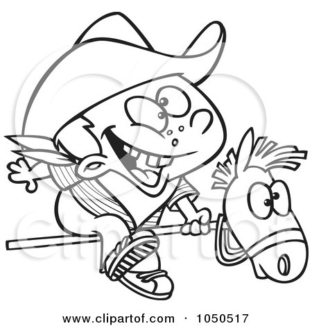 Royalty-Free (RF) Clip Art Illustration of a Line Art Design Of A Kid Cowboy Riding A Stick Pony by toonaday