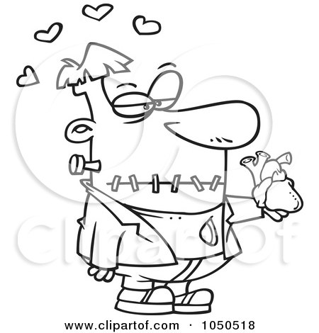 Royalty-Free (RF) Clip Art Illustration of a Line Art Design Of Frankenstein Holding A Heart by toonaday