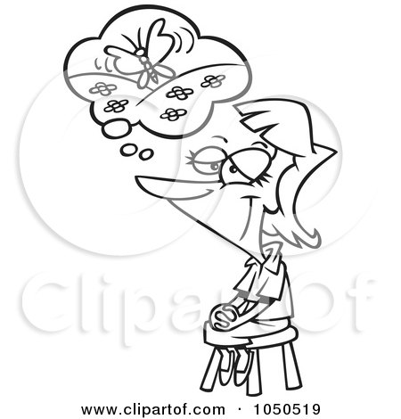Royalty-Free (RF) Clip Art Illustration of a Line Art Design Of A Woman Thinking Of Her Happy Place by toonaday