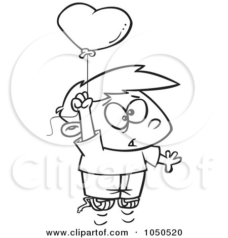 Royalty-Free (RF) Clip Art Illustration of a Line Art Design Of A Boy Floating With A Love Risk Heart Balloon by toonaday