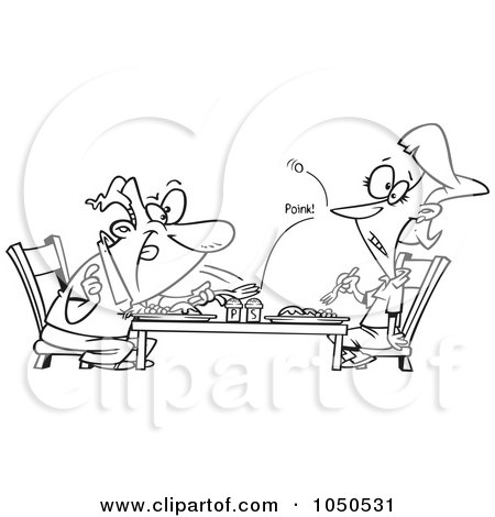 Royalty-Free (RF) Clip Art Illustration of a Line Art Design Of A Cartoon Man Flicking A Pea At His Wife Over Dinner by toonaday