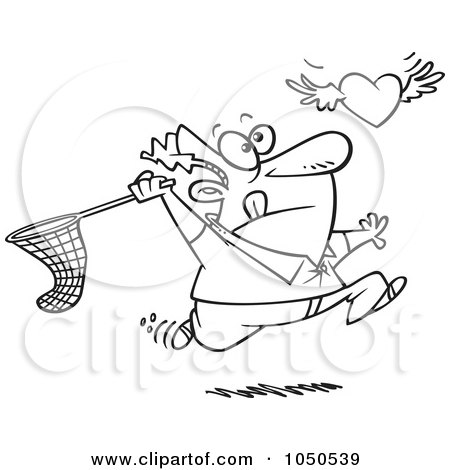 Royalty-Free (RF) Clip Art Illustration of a Line Art Design Of A Man Chasing Elusive Love With A Net by toonaday