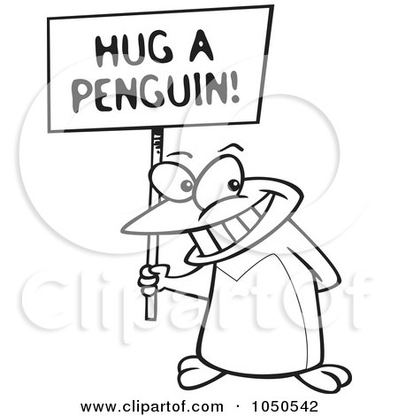 Royalty-Free (RF) Clip Art Illustration of a Line Art Design Of A Penguin Holding A Hug A Penguin Awareness Sign by toonaday
