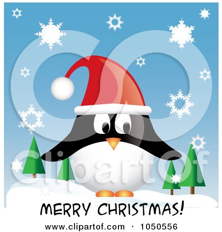 Royalty-Free (RF) Clip Art Illustration of a Penguin Wearing A Santa Hat Over Merry Christmas Text by Pams Clipart