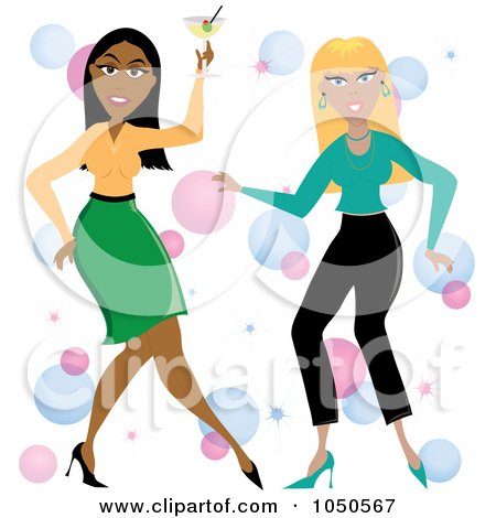 Royalty-Free (RF) Clip Art Illustration of Funky Hispanic And White Women Dancing With A Cocktail by Pams Clipart