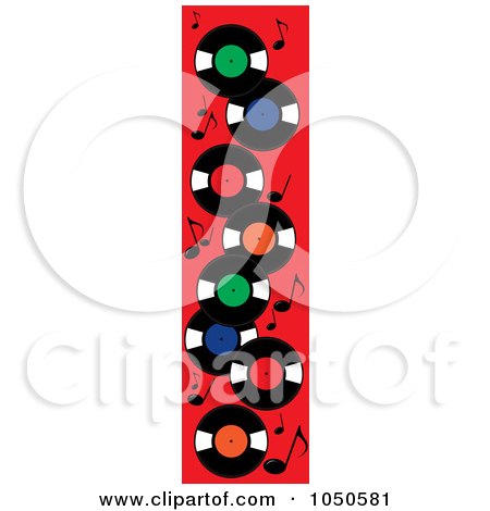 Royalty-Free (RF) Clip Art Illustration of a Vertical Banner Of Record Albums And Music Notes On Red by Pams Clipart