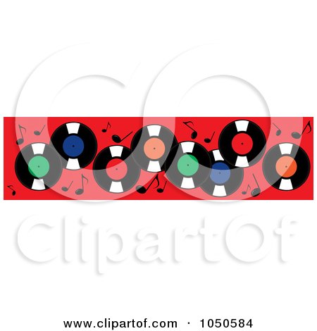 Royalty-Free (RF) Clip Art Illustration of a Horizontal Banner Of Record Albums And Music Notes On Red by Pams Clipart