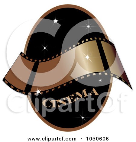 Royalty-Free (RF) Clip Art Illustration of a Gold Film Strip And The Word Cinema On A Black Starry Oval by Pams Clipart