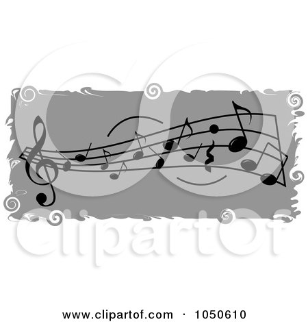 Royalty-Free (RF) Clip Art Illustration of a Gray Music Notes Banner With Grungy White Borders by Pams Clipart