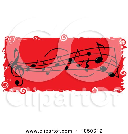 Royalty-Free (RF) Clip Art Illustration of a Red Music Notes Banner With Grungy White Borders by Pams Clipart