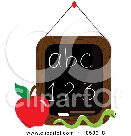 Royalty-Free (RF) Clip Art Illustration of a Worm And Red Apple In Front Of A Letter And Number Chalkboard by Pams Clipart