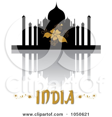 Royalty-Free (RF) Clip Art Illustration of The Silhouetted Taj Mahal, Reflection And India Text by Pams Clipart