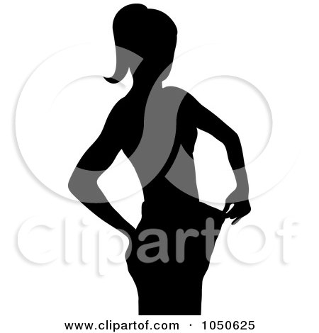 Royalty-Free (RF) Clip Art Illustration of a Silhouetted Woman Showing Her Weight Loss Success In Big Pants by Pams Clipart