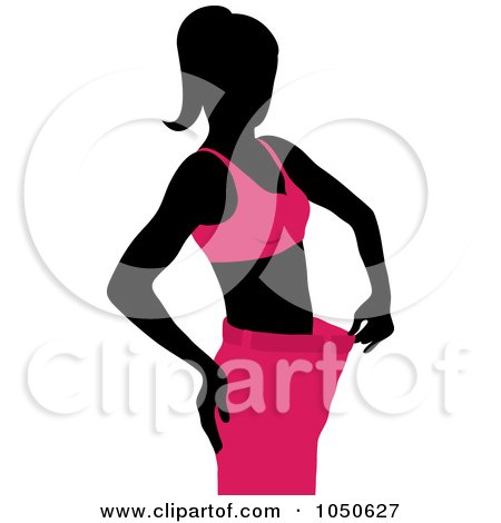 Royalty-Free (RF) Clip Art Illustration of a Black And Pink Woman Showing Her Weight Loss Success In Big Pants by Pams Clipart