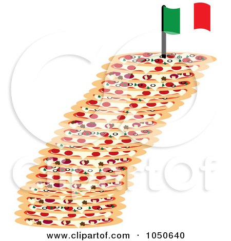 Royalty-Free (RF) Clip Art Illustration of a Leaning Tower Of Pizza Topped With An Italian Flag by Pams Clipart