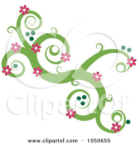 Royalty-Free (RF) Clip Art Illustration of a Green Swirl Design Element With Pink Flowers by Pams Clipart