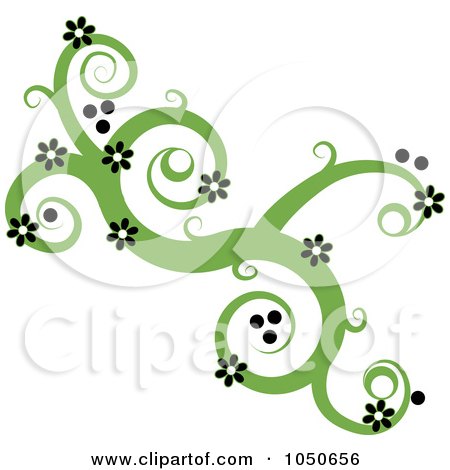 Royalty-Free (RF) Clip Art Illustration of a Green Swirl Design Element With Black Flowers by Pams Clipart