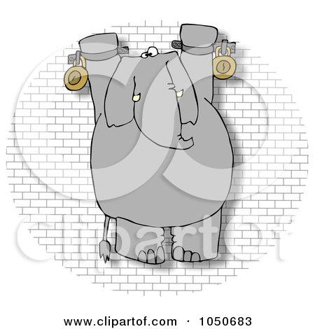 Royalty-Free (RF) Clip Art Illustration of a Chained Hanging Elephant On A Brick Wall by djart