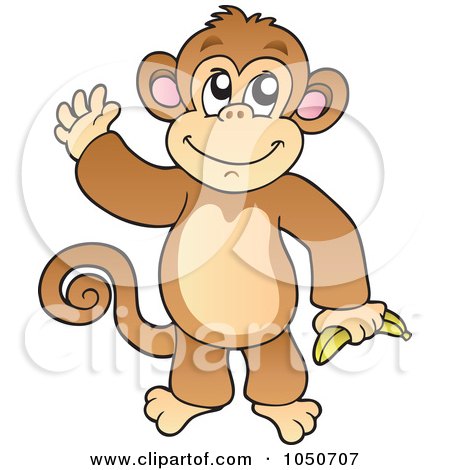 Royalty-Free (RF) Clip Art Illustration of a Monkey Holding A Banana And Waving by visekart