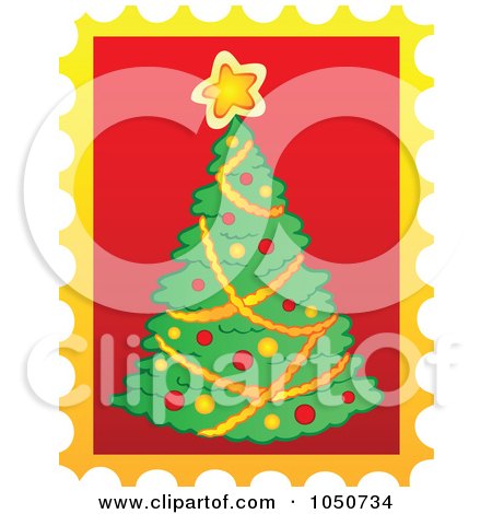 Royalty-Free (RF) Clip Art Illustration of a Christmas Postage Stamp Of A Christmas Tree by visekart