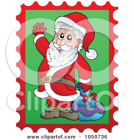 Royalty-Free (RF) Clip Art Illustration of a Christmas Postage Stamp Of Santa Waving by visekart