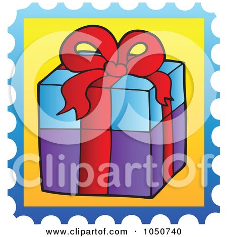 Royalty-Free (RF) Clip Art Illustration of a Christmas Postage Stamp Of A Gift by visekart