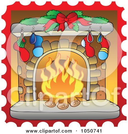 Royalty-Free (RF) Clip Art Illustration of a Stamp Of A Christmas Hearth With Stockings by visekart