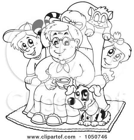 Royalty-Free (RF) Clip Art Illustration of a Coloring Page Of A Granny With Pets And Children by visekart