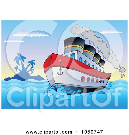 Royalty-Free (RF) Clip Art Illustration of a Steam Boat Near A Tropical Island by visekart