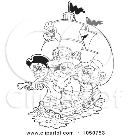 Royalty-Free (RF) Clip Art Illustration of a Coloring Page Of Pirates On A Ship by visekart