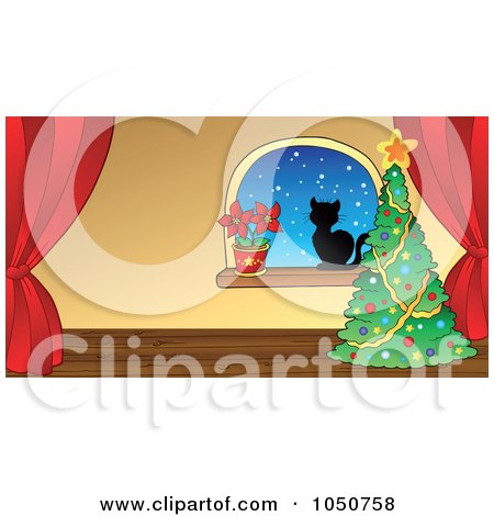 Royalty-Free (RF) Clip Art Illustration of a Cat And Poinsettia In A Window Near A Christmas Tree In A Room by visekart