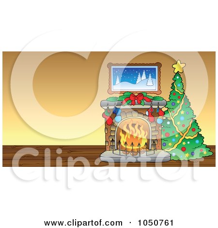 Royalty-Free (RF) Clip Art Illustration of a Christmas Tree And Fireplace In A Room by visekart