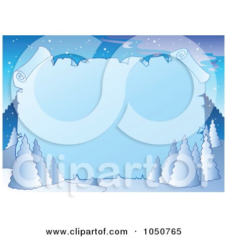 Royalty-Free (RF) Clip Art Illustration of a Winter Background Of Flocked Trees And A Blank Icy Parchment Sign by visekart