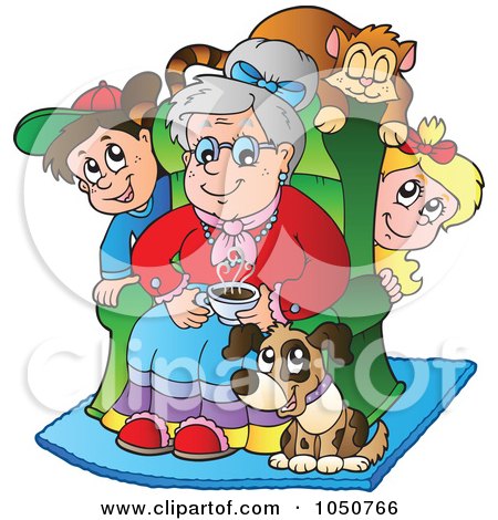 Royalty-Free (RF) Clip Art Illustration of a Cat, Dog And Grandchildren By Their Grandma's Chair by visekart