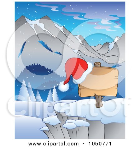 Royalty-Free (RF) Clip Art Illustration of a Santa Hat On A Blank Christmas Sign In A Mountainous Landscape by visekart